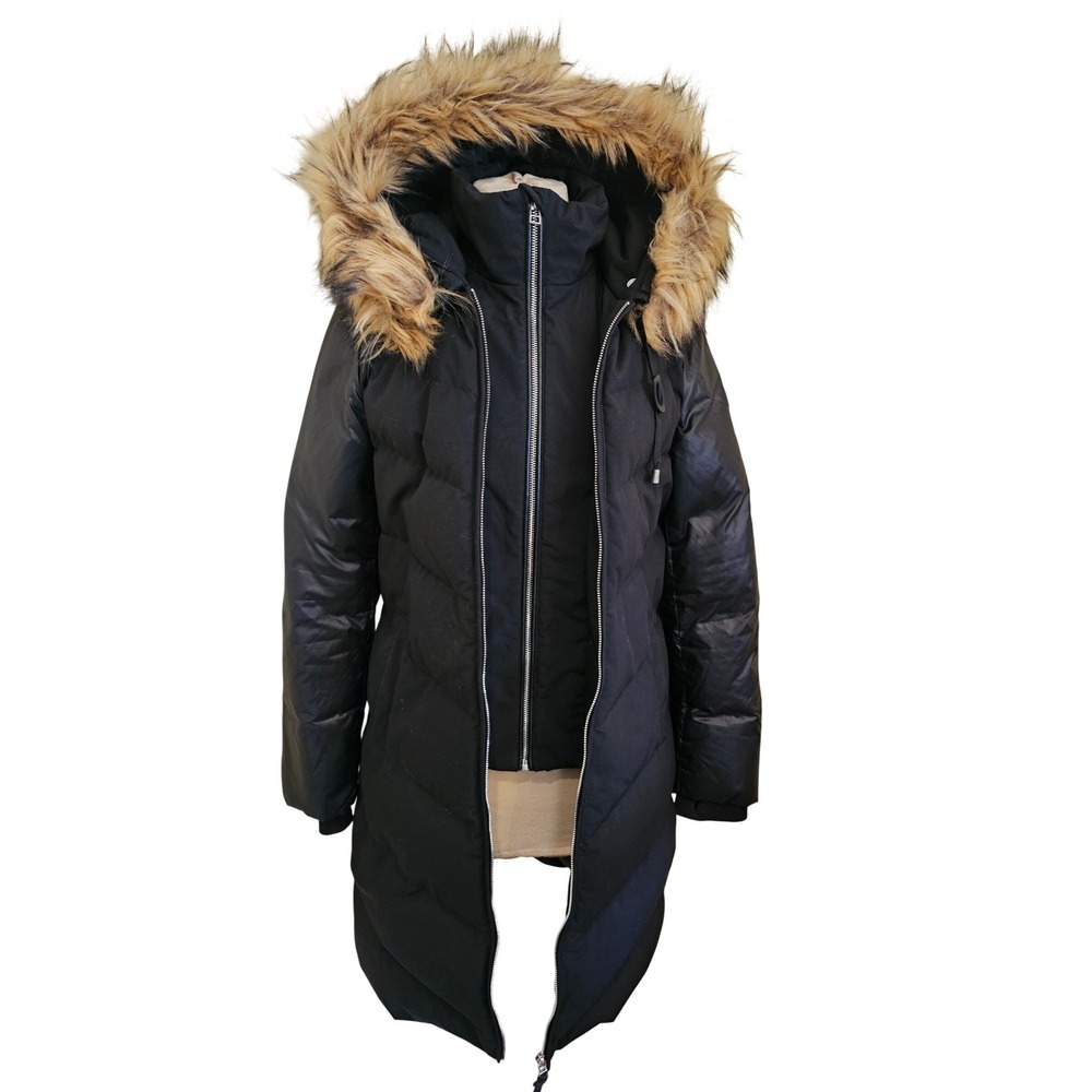 ATELIER NOIR Black Puffer Coat Fur Hood Down Blend Winter‎ Warm Parka Jacket S